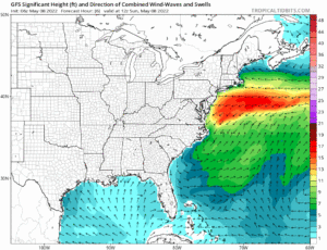 Whether or not the east coast storm becomes a tropical cyclone, significant wave action is expected in near and off-shore waters along a large part of the U.S. East Coast in the coming days, as this simulated view from the GFS Computer Forecast Model shows. Image: tropicaltidbits.com