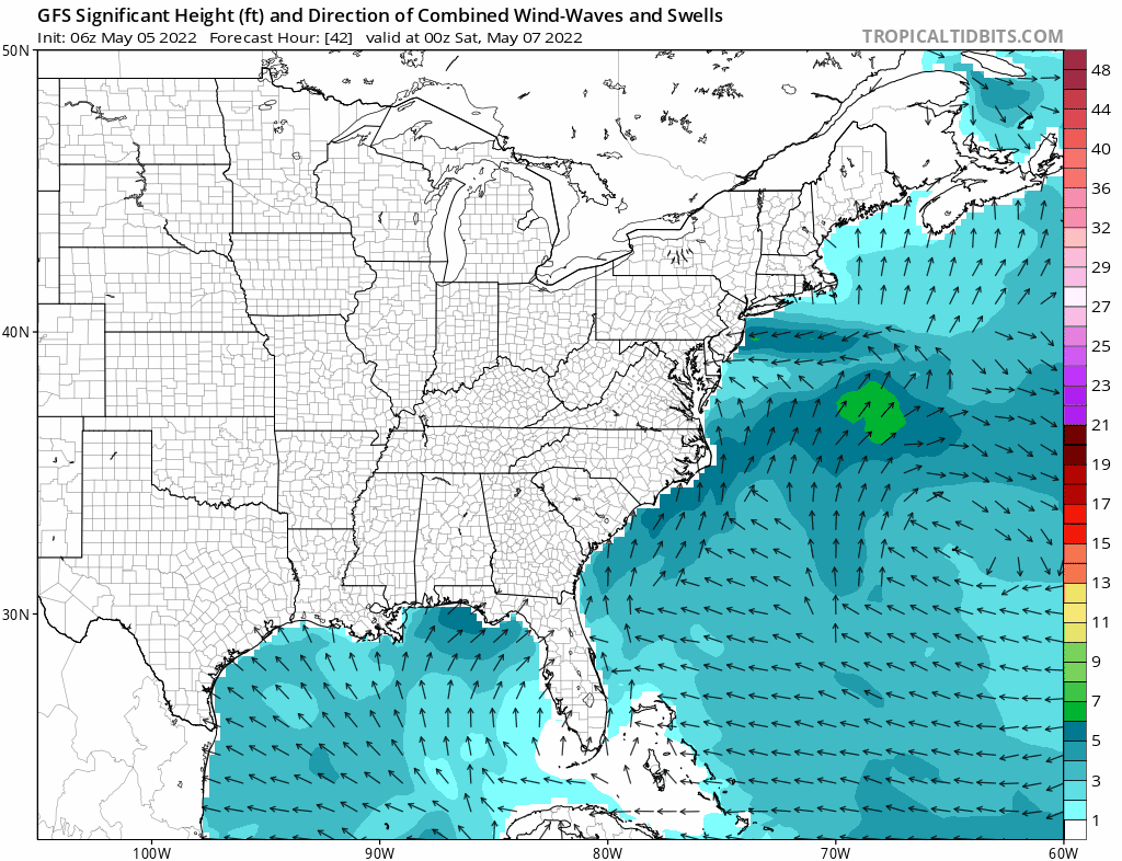Wave heights will build significantly in the off-shore waters of the U.S. East Coast, especially off the New Jersey, Delaware, Maryland, and Virginia coasts this weekend. This loop is based on GFS computer forecast modeled data. Image: tropicaltidbits.com