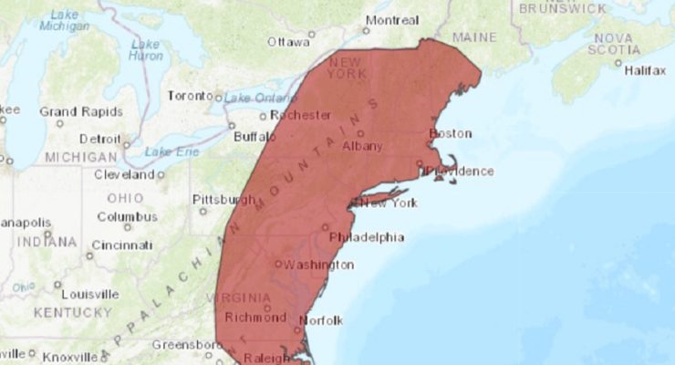 The National Weather Service is warning that high heat and humidity could be problematic for a large part of the Mid Atlantic and Northeast shown in red on this map this weekend. Image: NWS