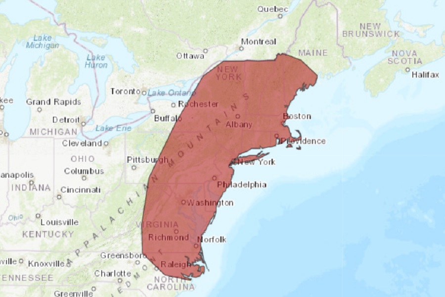 The National Weather Service is warning that high heat and humidity could be problematic for a large part of the Mid Atlantic and Northeast shown in red on this map this weekend.  Image: NWS