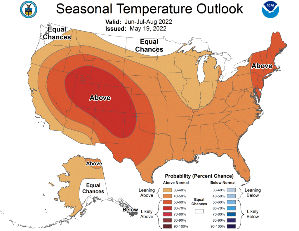 The latest Seasonal Temperature Outlook from the Climate Prediction Center forecasts that almost all of the country will see above normal temperatures this summer, with the West and the Northeast having the best chances of exceptionally hot heat this summer. Image: NWS/CPC