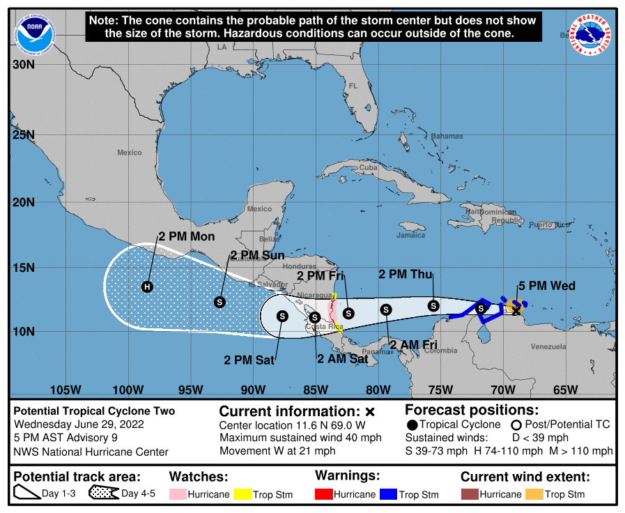 Latest official track for what is expected to be Tropical Storm and Hurricane Bonnie. Image: NHC