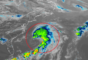 Tropical Storm Alex is spinning about off the U.S. East Coast; it will impact Bermuda tonight and early tomorrow before heading off to the central North Atlantic Ocean. Image: NOAA
