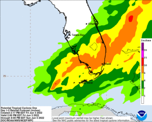 Extremely heavy rain will fall over south Florida as the storm moves through this weekend. Image: NHC