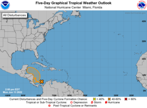 The area shaded in orange could be the location of the next tropical cyclone to form within the Atlantic hurricane basin over this week. Image: NHC