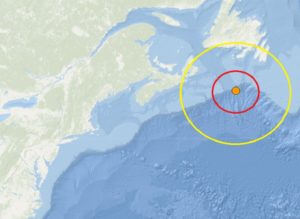 Today's earthquake struck well east-northeast of New York City and south of Newfoundland over the open water of the Atlantic Ocean. Image: USGS