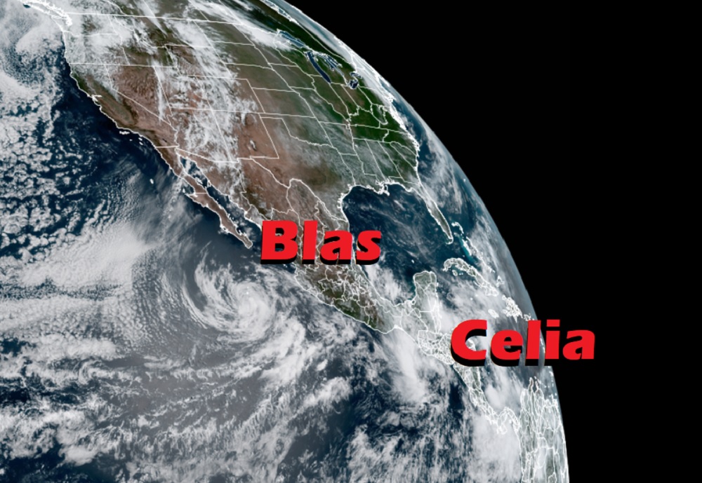 Blas and Celia are in the eastern Pacific, off the coast of Central America.  Image; NOAA