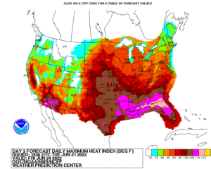 Extremely high air temperatures and heat index readings will be present over a large part of the country on Friday, with the southeast baking the most under the extreme heat. Image: NWS/WPC