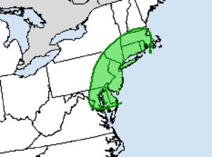 The area shaded in green could see exceptionally heavy rain and areas of flash flooding later Sunday into Sunday night. Image: NWS/WPC