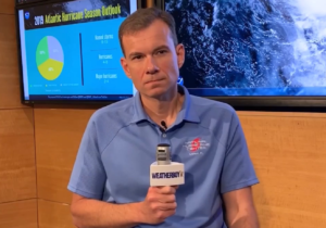 The National Hurricane Center's Jamie Rhome participates in a live video for Weatherboy during a storm surge threat in a previous hurricane season. Image: Weatherboy