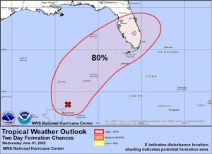 The National Hurricane Center now believes there's an 80% chance that the system in the Gulf of Mexico will develop into a tropical cyclone within the next 5 days. Image: NHC