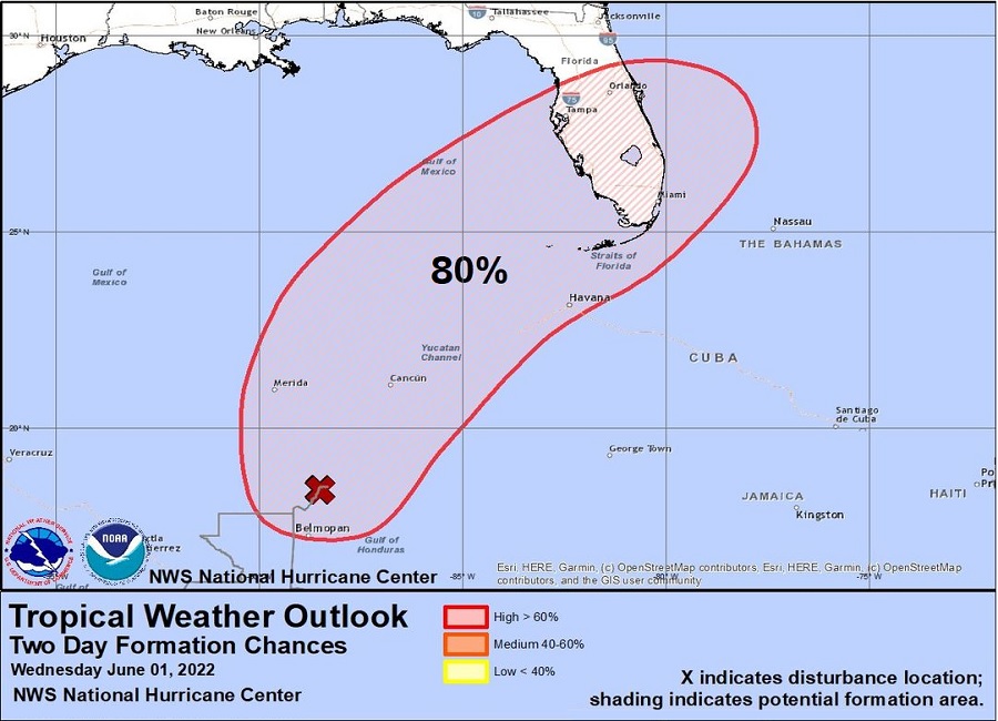 The National Hurricane Center now believes there's an 80% chance that the system in the Gulf of Mexico will develop into a tropical cyclone within the next 5 days. Image: NHC