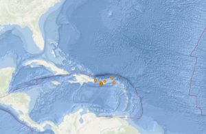 More than 10 earthquakes have rattled the area in and around Puerto Rico today. Each orange dot reflects the epicenter of an earthquake measured by USGS. Image: USGS