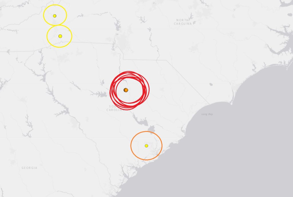 In the last 7 days, two earthquakes struck North Carolina and 1 struck in southern South Carolina, but at least 14 others have struck outside of Columbia in the middle of South Carolina, with many of those happening within the last 24 hours. The dots locate the epicenter of each earthquake.  Image: USGS