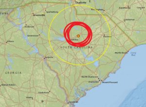 Five earthquakes rattled parts of South Carolina again this weekend, north and east of Columbia. These quakes add to the dozens that have struck the area this year. Image: USGS