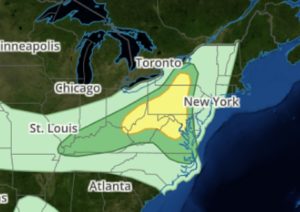 Today's Convective Outlook shows there's a threat of thunderstorms in any shaded area on this map. Storms could become severe in the dark green area, with the yellow area highlighting the greatest risk of severe weather. It is within this greater risk area that there's also an isolated tornado threat. Image: Weatherboy.com