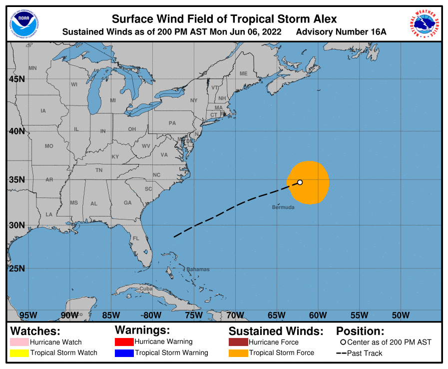 The current wind field associated with Tropical Storm Alex is well east of Bermuda.  Image: NHC