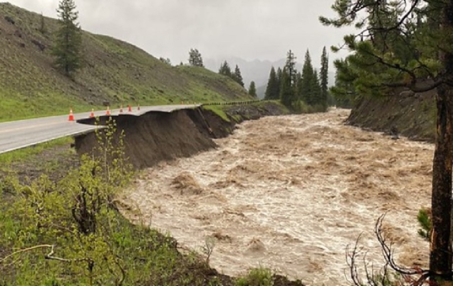 Flood waters raced through the park yesterday, taking roadways and trails with it. Image: Yellowstone / NPS