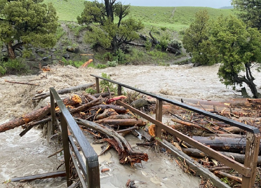In addition to roadways, countless trails are damaged, under water, or impacted by debris carried by the flood waters. Image: Yellowstone / NPS
