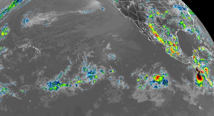 Satellite view shows Hawaii, left, and Tropical Storm Bonnie, right. With time, moisture from Bonnie may reach Hawaii. Image: NOAA