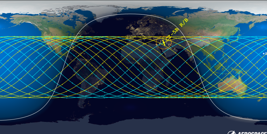 Aerospace Corporation is tracking the out-of-control Chinese rocket and is predicting where it could crash. Right now, impact can occur along any yellow or blue line on this map of the world, with many of those lines passing through the United States. The yellow Icon reflects the location of object at the midpoint of reentry window while the orange line is the area of visibility at the predicted reentry time for a ground observer. The blue line is the ground track uncertainty prior to middle of the reentry window while the yellow Line is the ground track uncertainty after middle of the reentry window. The white line is a day/night divider at the middle of the reentry window, with the Sun location shown by a white Icon. Image: Aerospace Corporation