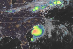 Tropical Storm Colin rapidly formed off the South Carolina coast overnight, prompting the National Hurricane Center to begin issuing advisories for it at 5am ET today. Image: NOAA
