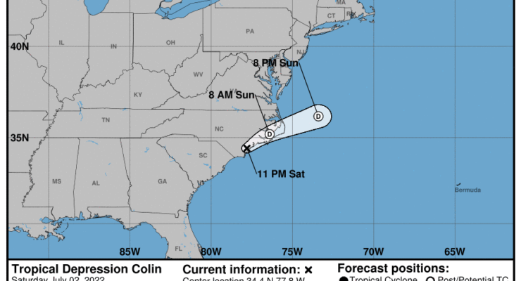 The latest official forecast track for Colin, the third named storm of the 2022 Atlantic Hurricane Season. Image: NHC