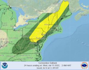 While thundershowers are possible in the light green area, severe thunderstorms are possible in the dark green area. The yellow area has the highest risk of severe thunderstorms on Tuesday.  Image: NWS