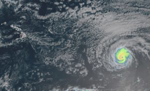 Current weather satellite view of the Hawaii Islands, left, and Hurricane Darby, right. Image: NOAA