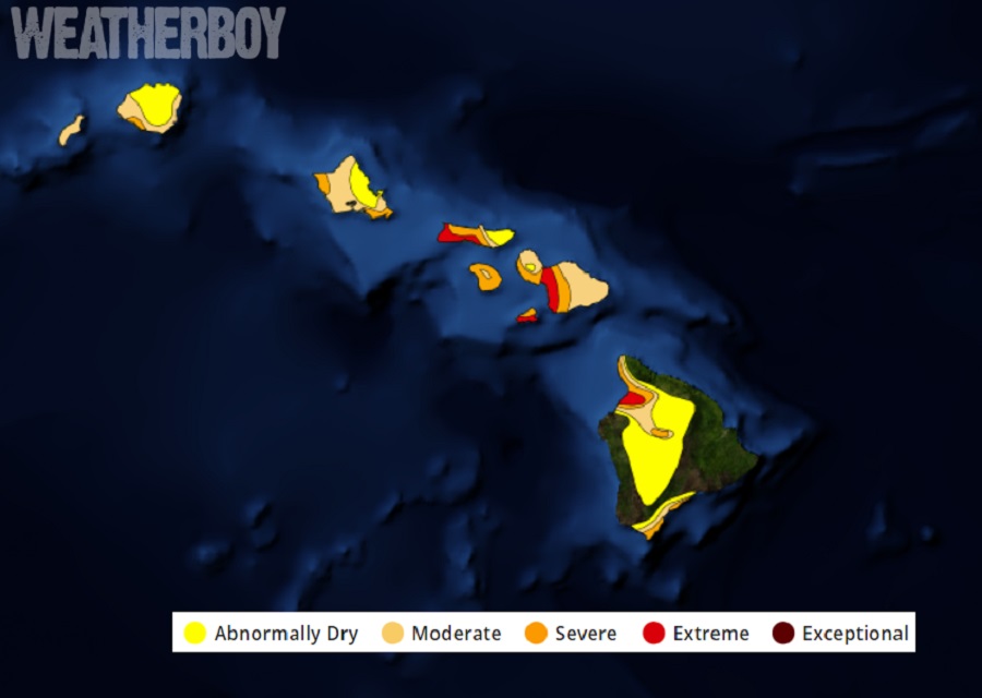 The latest Drought Monitor map shows areas of severe and extreme drought in orange and red respectively across the state of Hawaii. Image: Weatherboy.com