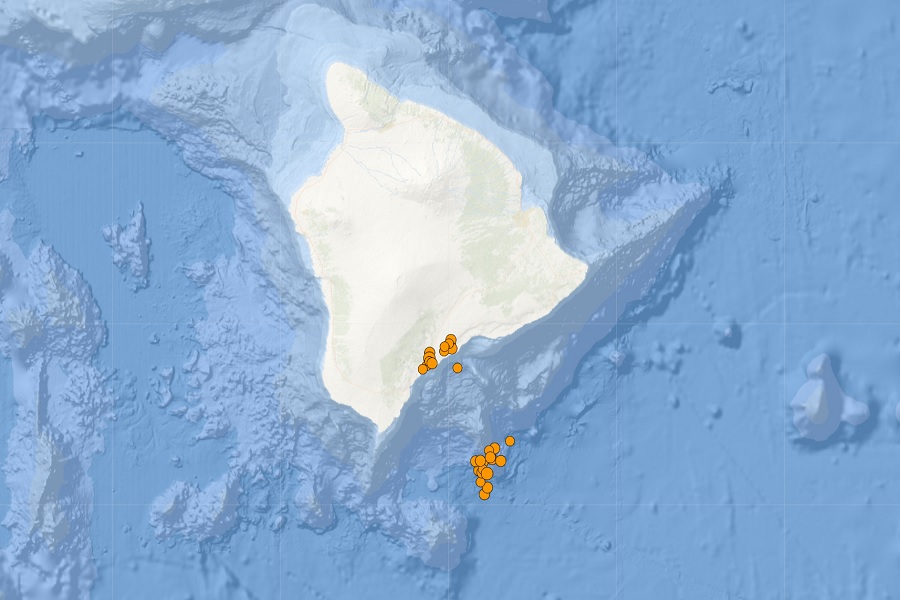 Each dot reflects the epicenter of an earthquake that has struck around the Big Island in the last 24 hours. Image: USGS