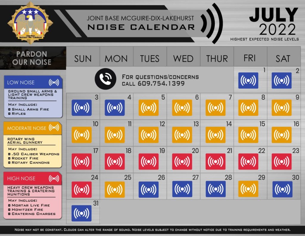 The July Noise Calendar from Joint Base McGuire-Dix-Lakehurst shows that while training is scheduled all month, noise could become especially loud between July 17 and July 24. Image: DOD