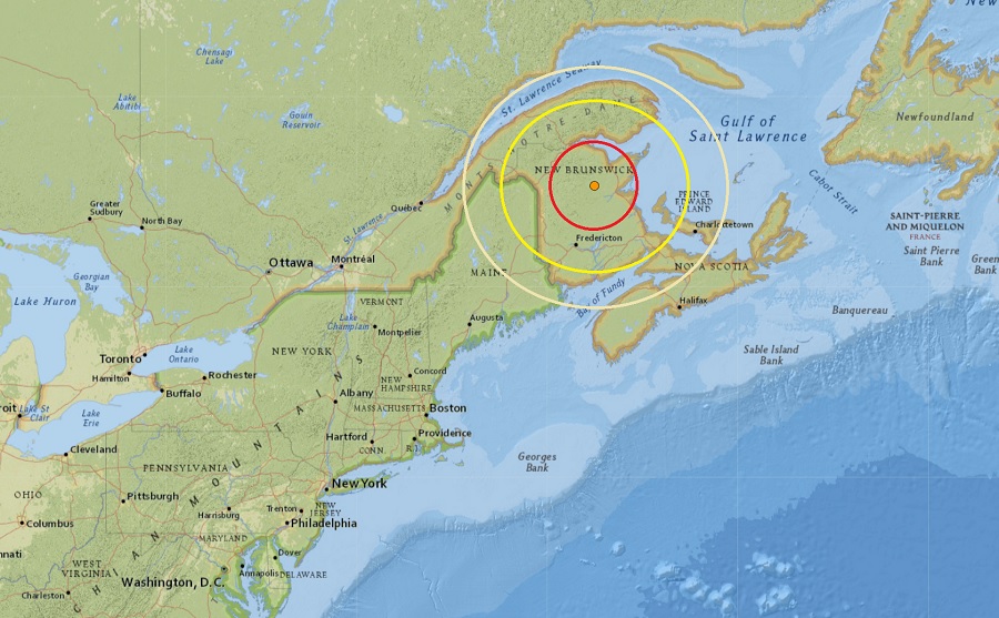 The epicenter of this morning's earthquake in New Brunswick is at the orange dot.  Image: USGS