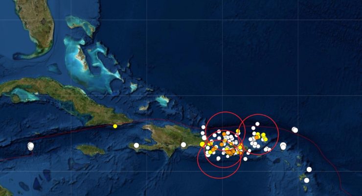 Hundreds of earthquakes have struck Puerto Rico and surrounding areas over the last 30 days, including 13 that struck in the last 24 hours. Each dot reflects the epicenter of an earthquake, with the white dots the older earthquakes, with newer being yellow and recent being orange. The center of the red circles indicate where the strongest earthquakes in the last 24 hours struck. Image: USGS