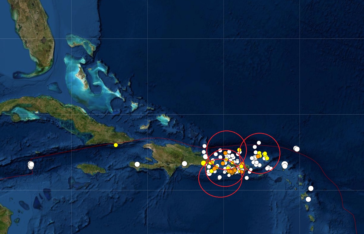 Hundreds of earthquakes have struck Puerto Rico and surrounding areas over the last 30 days, including 13 that struck in the last 24 hours. Each dot reflects the epicenter of an earthquake, with the white dots the older earthquakes, with newer being yellow and recent being orange. The center of the red circles indicate where the strongest earthquakes in the last 24 hours struck. Image: USGS