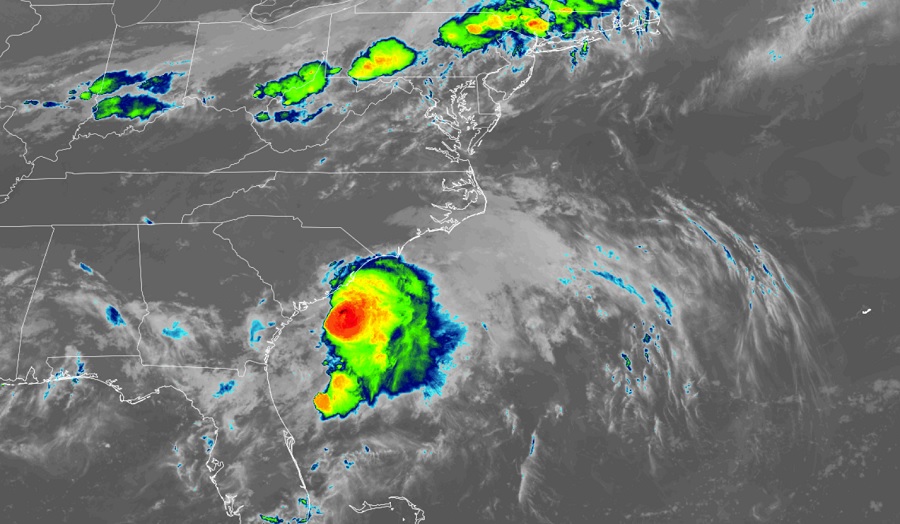 The latest image from the GOES-East weather satellite shows an area of thunderstorms and clouds gathering organization near the South Carolina coast. Image: NOAA