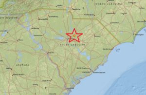 A swarm which has paused roared back to life again last night with two earthquakes felt in the area north and east of Columbia, South Carolina. Image: USGS