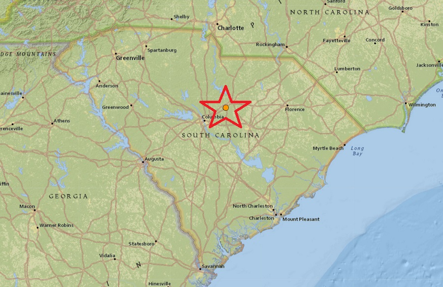 A swarm which has paused roared back to life again last night with two earthquakes felt in the area north and east of Columbia, South Carolina.  Image: USGS