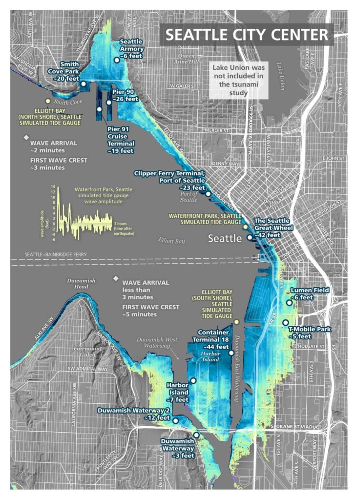 The new study shows how the Seattle region could become inundated by a giant tsunami should a 7.5 earthquake strike along the Seattle fault. Image: Washington State Department of Natural Resources