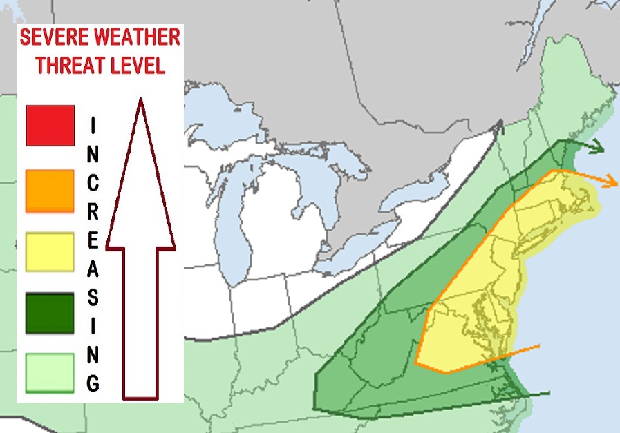 The area in yellow is at an elevated risk of seeing severe thunderstorms on Monday. Image: NWS