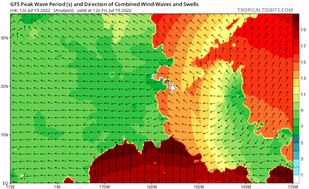 This loop, based on American GFS computer forecast guidance, shows a significant swell coming up from the south throughout the Hawaiian Islands over the next few days. Image: tropicaltidbits.com