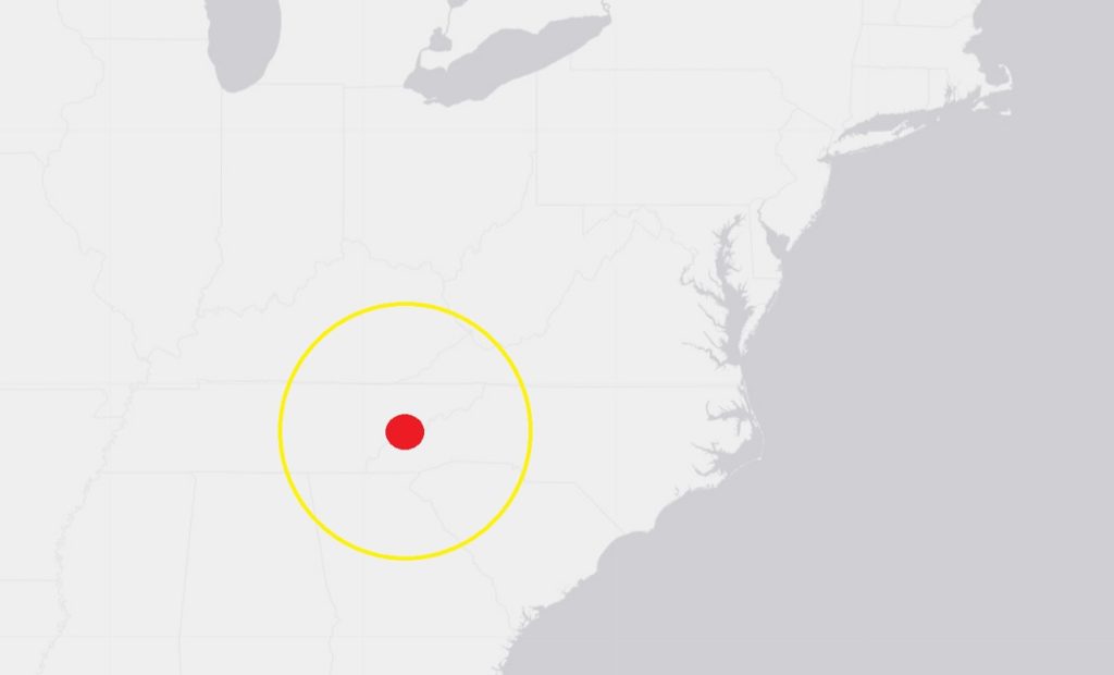 The red dot illustrates the location of the epicenter of today's earthquake in Tennessee. Image: USGS