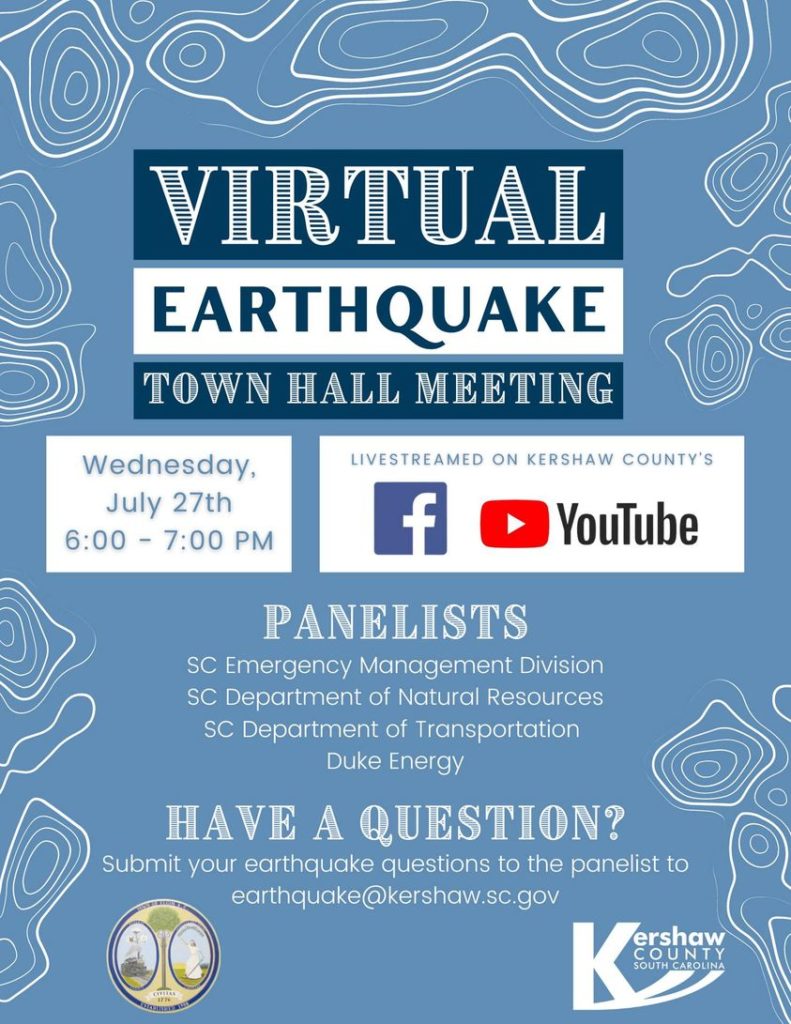 Kershaw County  is hosting a virtual earthquake town hall meeting this week that will be streamed on Facebook and YouTube.  Image: Kershaw County