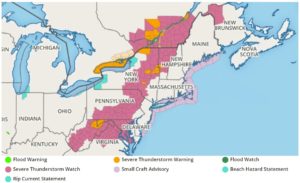 Numerous watches and warnings are up today throughout the northeast. Image: NWS