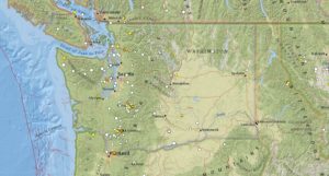 Washington is located within a seismically active region and earthquakes are quite common. This map illustrates the location of every epicenter of an earthquake over the last 30 days. Image: USGS
