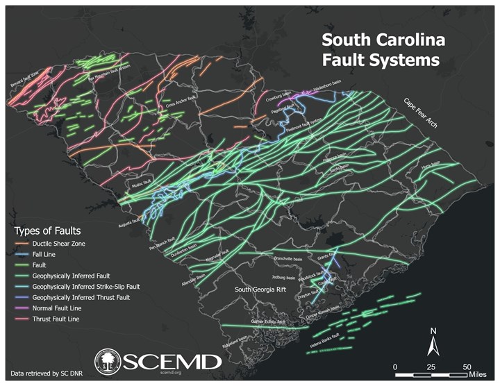Numerous faults run through South Carolina; however, scientists remain unsure why central South Carolina is seeing so many quakes lately. Image: SCEMD