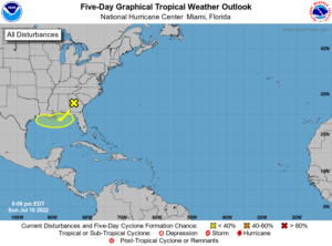 The latest Tropical Outlook from the National Hurricane Center highlights an area of concern near the coast of the Gulf of Mexico. Image: NHC