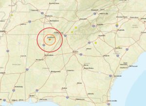 Today's earthquake struck north of Birmingham and just southeast of Huntsville, Alabama. While today's earthquake is circled, other earthquakes have hit portions of Tennessee and South and North Carolina in recent days; the epicenter of those other earthquakes is marked by the yellow dots. Image: USGS