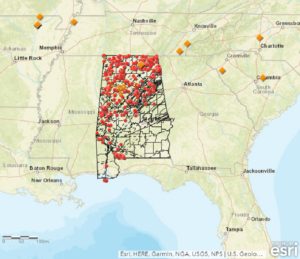Earthquakes are not uncommon in Alabama. This map shows epicenters of historical Alabama earthquakes since 1886 and surface and basement faults. Image: Geological Survey of Alabama
