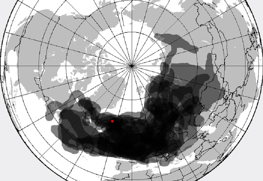 This map is a composite of volcanic ash clouds from the 2010 eruption of the Eyjafjallajökull volcano in April 2010; this composite, based on data from the London Volcanic Ash Advisory Centre, was compiled by the UK Met Office. Image: UK Met Office